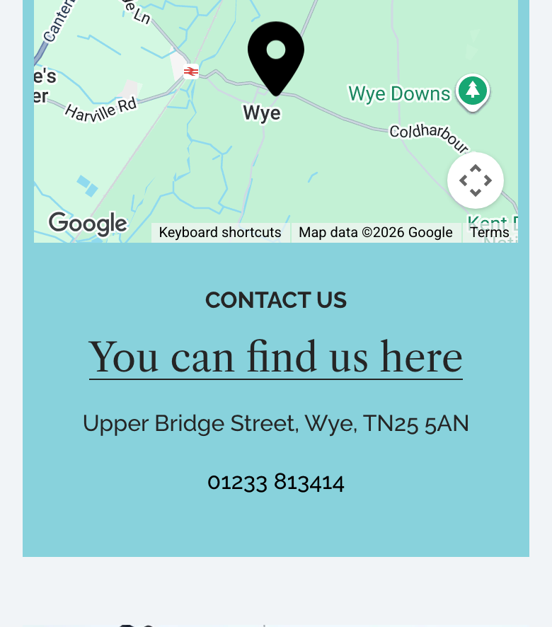 The New Flying Horse contact page today: a locked map with a black picture marker, then the words You can find us here and the address